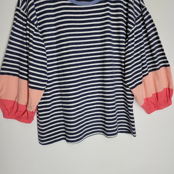Mododoc Los Angeles Blue & White Striped Boho Color Block Sleeve Top Sz Large - Picture 5 of 8